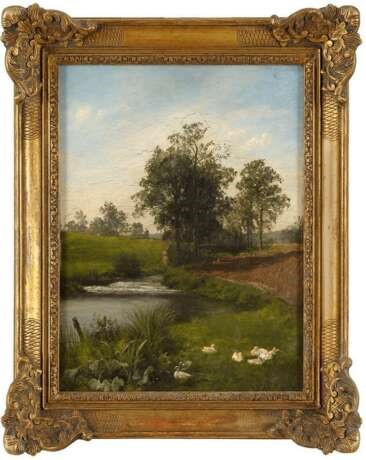 Антиквариат. Фото картины «Летний пейзаж с прудом» Холст, масло. Западная Европа, конец XIX века.